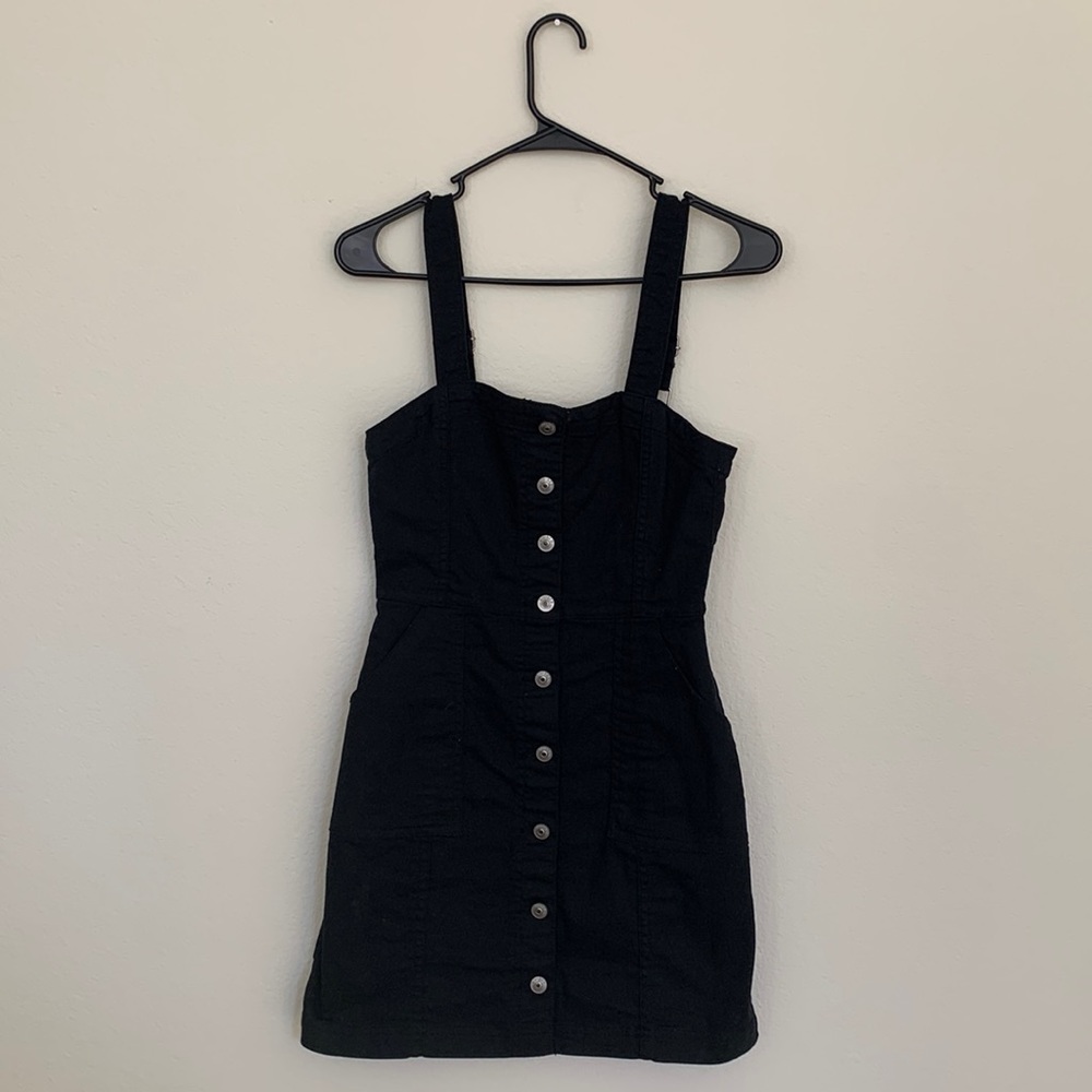 Divided Button Down Black Overall Dress